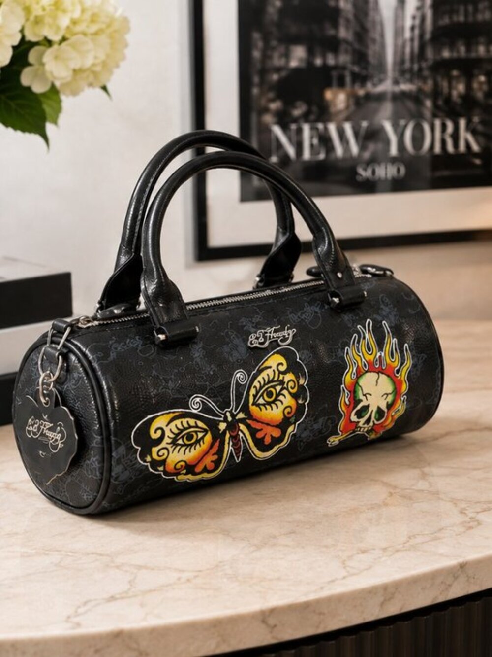 Ed Hardy by Christian Audigier Black Tattoo Print Barrel Bowling Handbag – NWT